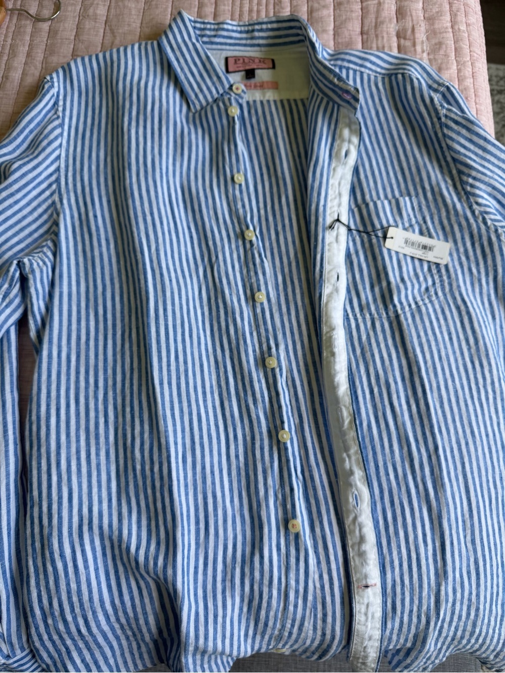 Thomas Pink Men’s 100% Linen Blue White Striped Shirt | Size: L | NWT - Picture 9 of 9